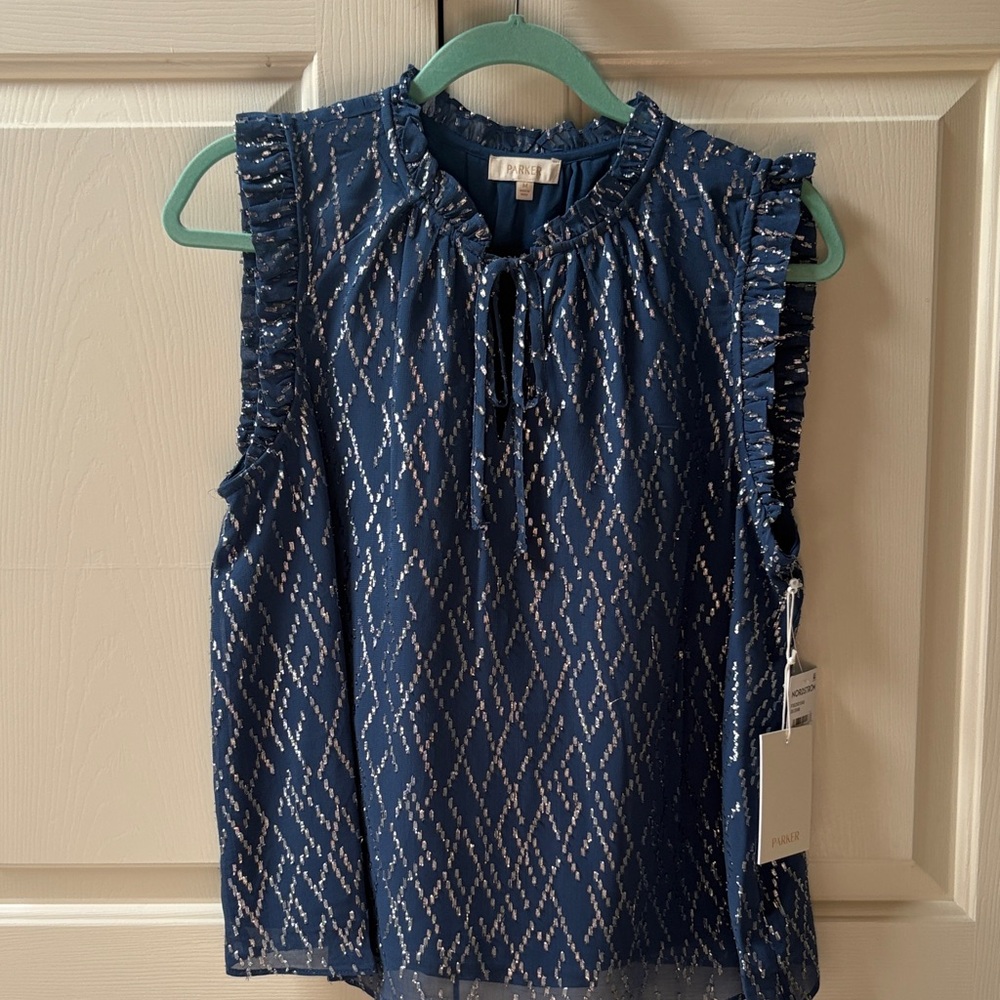 Parker Blue Denim color and Silver Patterned Blouse. Dressy or wear casual.
